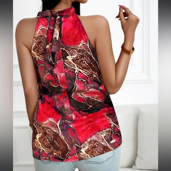 Elegant Classic Marble Water Color Print Halter Top Blouse Shirt Blue - Picture 12 of 12